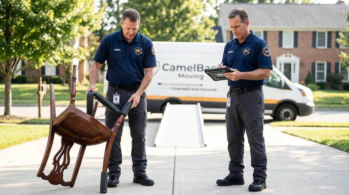 Movers inspecting furniture for damage prevention before loading in Pulaski, VA