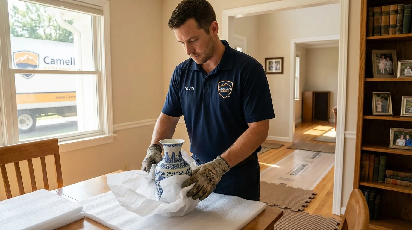 Professional crew carefully wrapping antique vase for senior downsizing move in Pulaski, VA